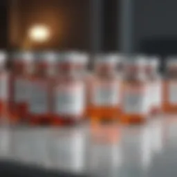 Depiction of expensive antidepressant bottles lined up on a table