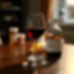 A glass of red wine and a prescription bottle on a table, symbolizing the relationship between alcohol and medications.