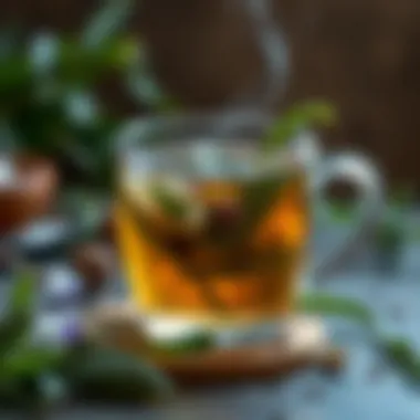 A vibrant herbal tea infusion featuring sage and other botanicals