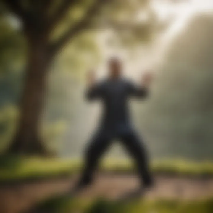 A practitioner engaging in Tai Chi amidst a tranquil setting