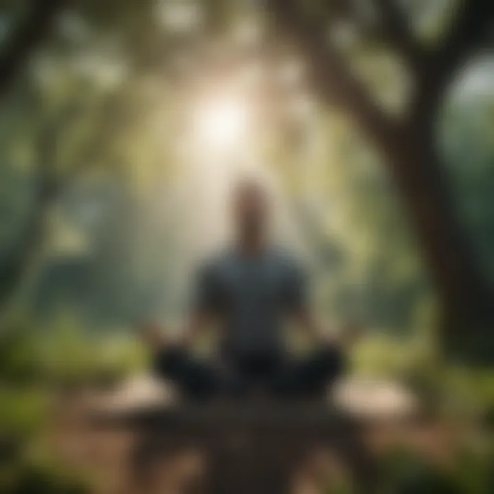 A serene setting with a person meditating surrounded by nature