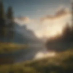 A serene landscape with musical notes floating in the air