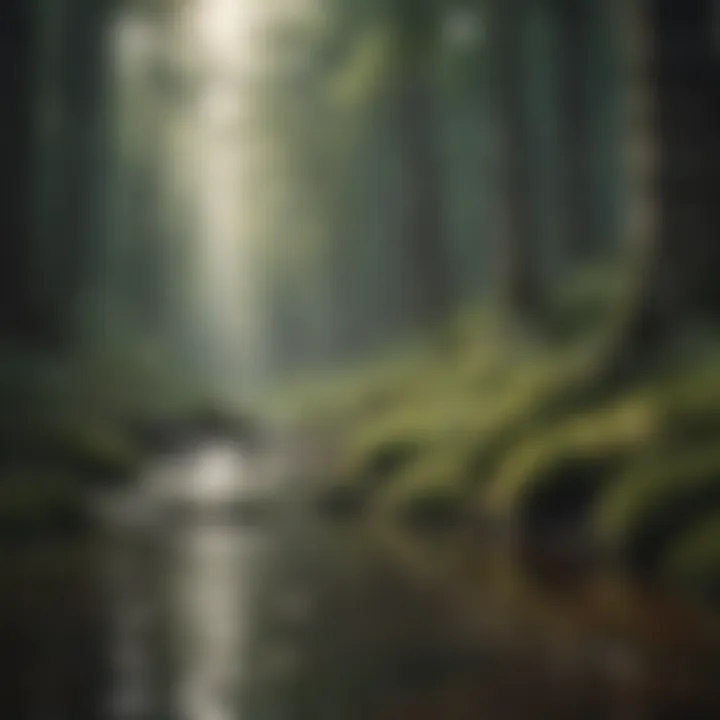 A serene forest environment with melodic tunes flowing