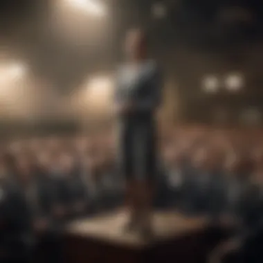 A person standing confidently at a podium during a public speaking event