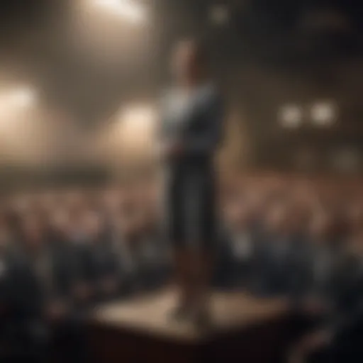 A person standing confidently at a podium during a public speaking event