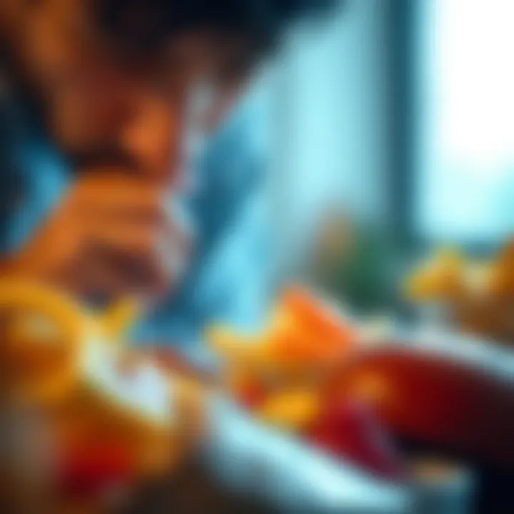 Contemplation Over Food Choices A close-up of a person pondering over food options, symbolizing internal conflict related to food choices.