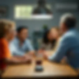 A family gathered around a table, engaged in supportive conversation.