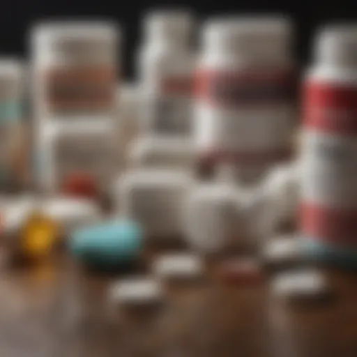 Different types of pain reliever medications displayed on a table