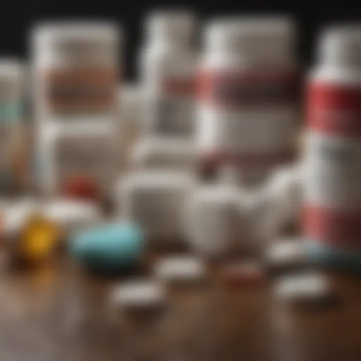 Different types of pain reliever medications displayed on a table