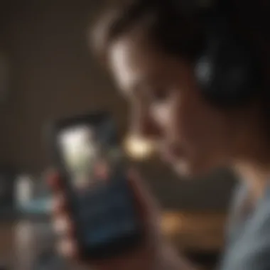 A person engaging with a podcast app on a smartphone