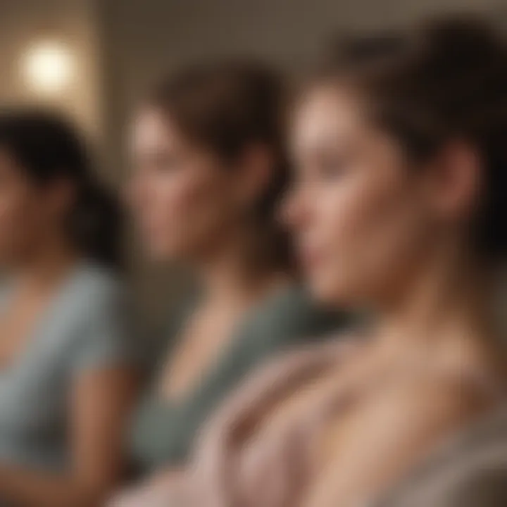 A cozy support group setting with mothers sharing experiences.