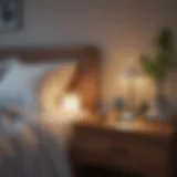 A serene bedroom setting with a smartphone on a nightstand.