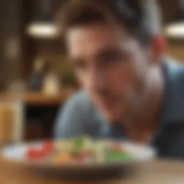 A person looking thoughtfully at a plate of nutritious ingredients.