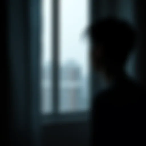 A solitary figure gazing out a window, representing introspection and isolation