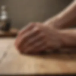 A close-up of a trembling hand resting on a wooden table, symbolizing the experience of tremors.