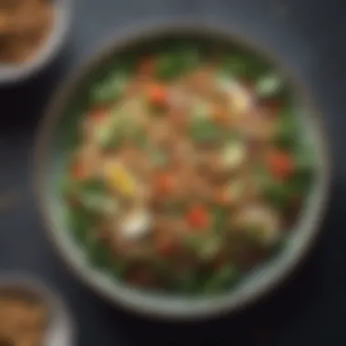 Colorful plate of whole grain salad topped with nuts and seeds.