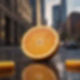 Vibrant clementine slices against urban skyline